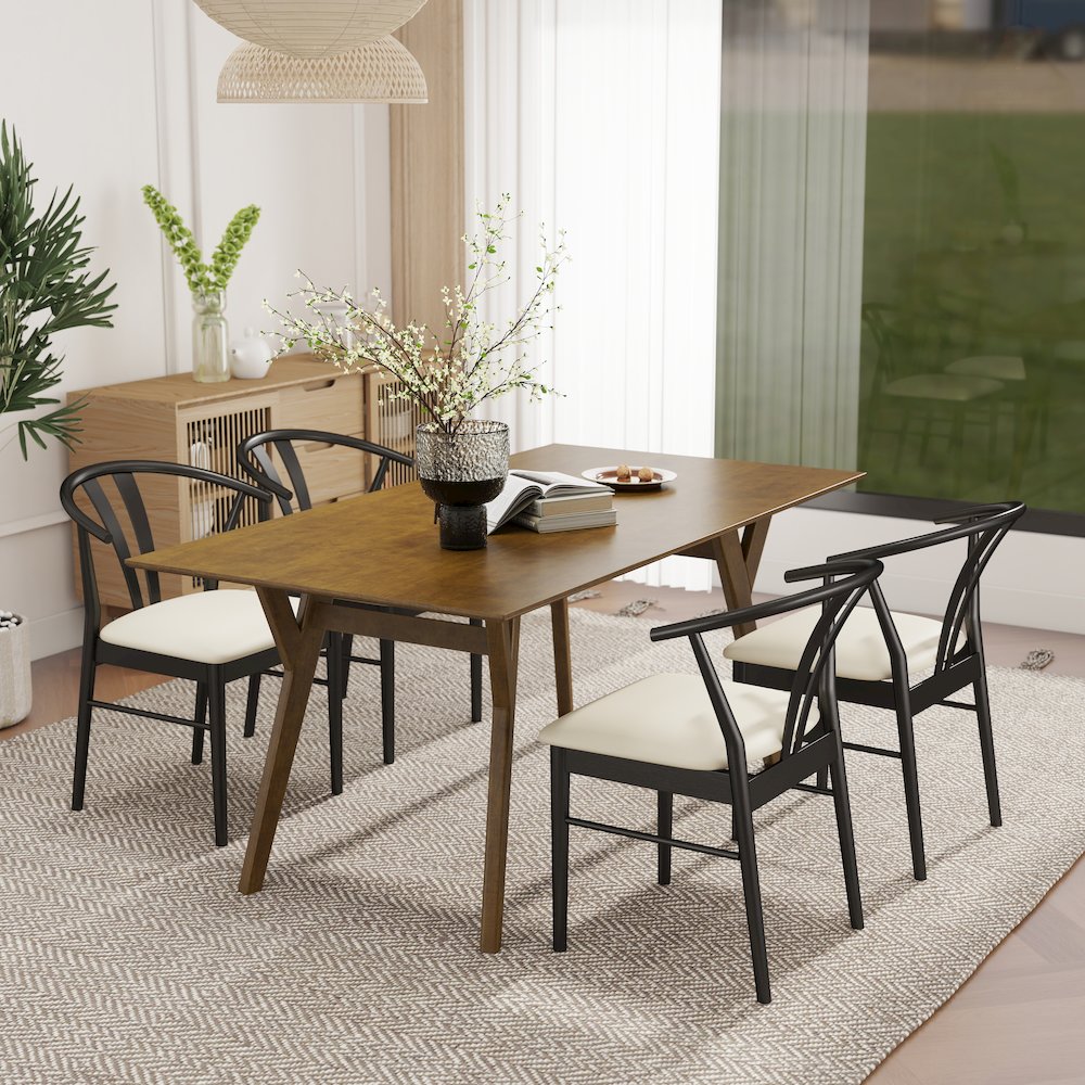 5-Piece Dining Set, Walnut Finished Dining Table with 4 Black Wishbone Chairs