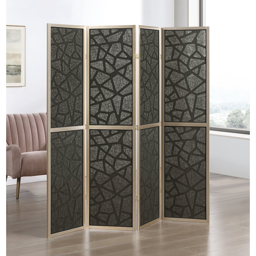 4-Panel Wood Room Divider, Folding Portable Partition Screen, Black and Gold