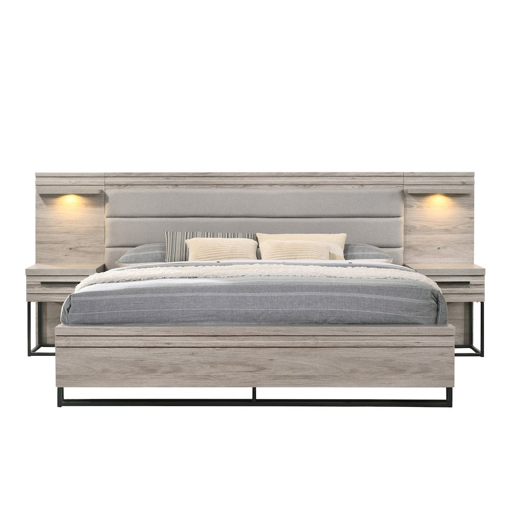 Wallbed Bed with White LED Lights, 2 Nightstands, Weathered Gray, King