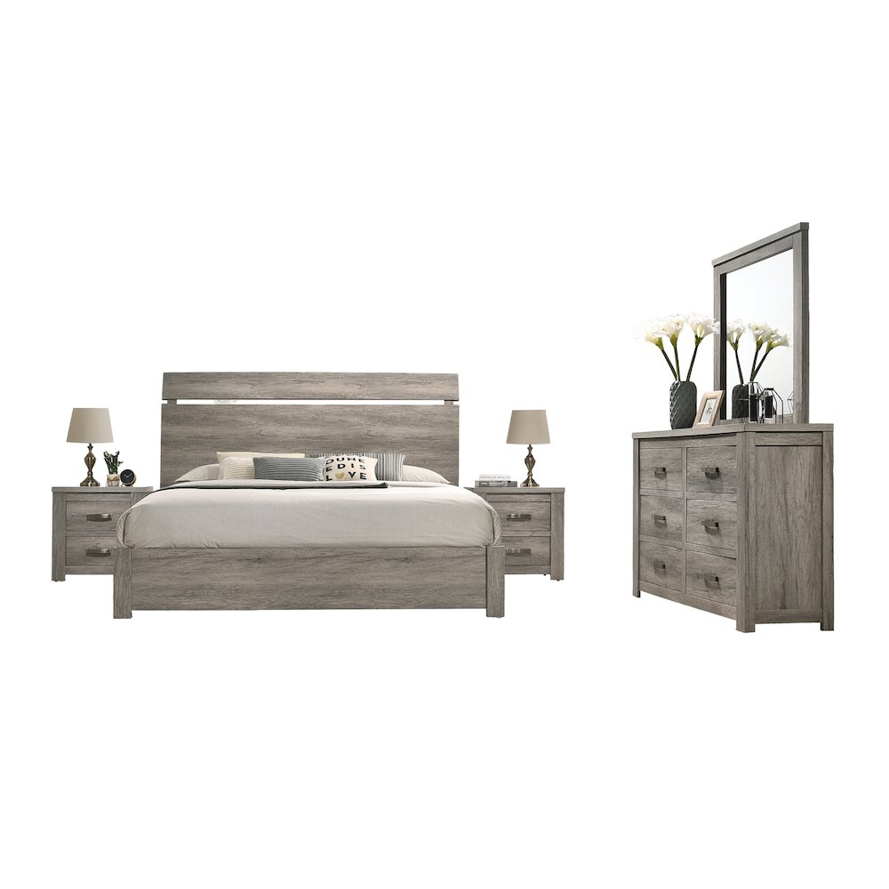 Weathered Gray Wood Bedroom Set, Queen Panel Bed, Dresser, Mirror, 2 Nightstands