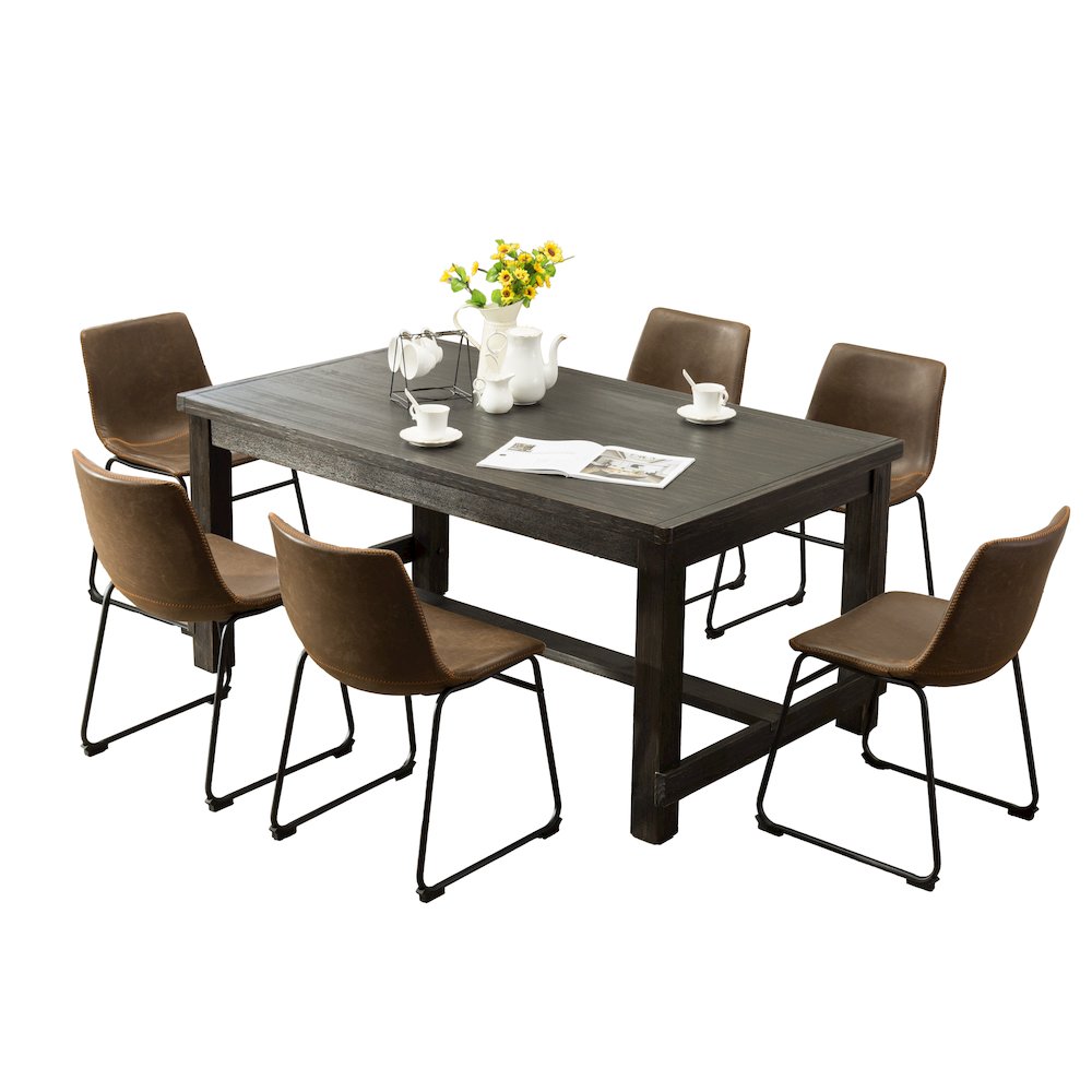 7-Piece Antique Black Finish Wood Dining Table, 6 Brown Faux Leather Chairs Set