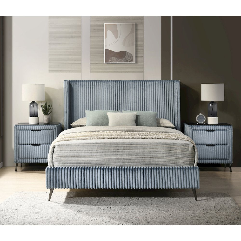 Mavela Wide Wale Corduroy Upholstery Queen Bed with 2 Nightstands, Blue