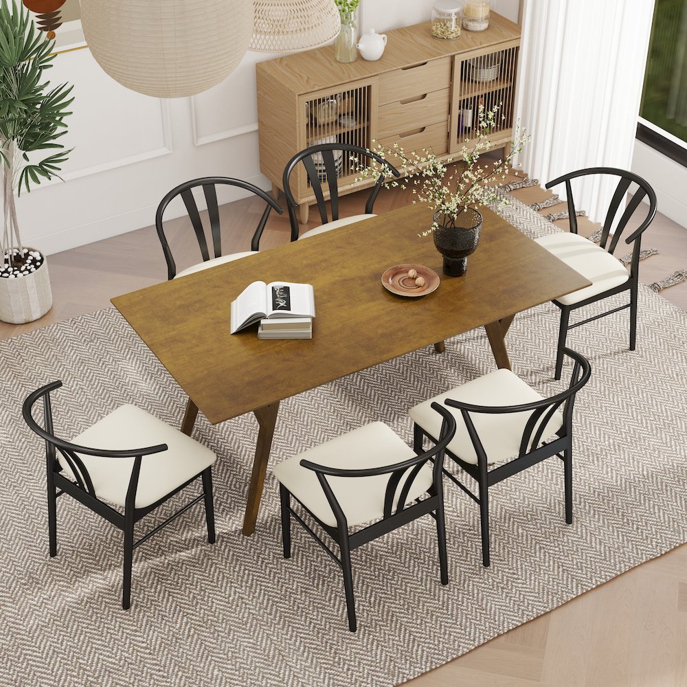 7-Piece Dining Set, Walnut Finished Dining Table with 6 Black Wishbone Chairs