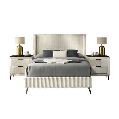 Mavela Wide Wale Corduroy Upholstery Panel Queen Bed with 2 Nightstands, Cream