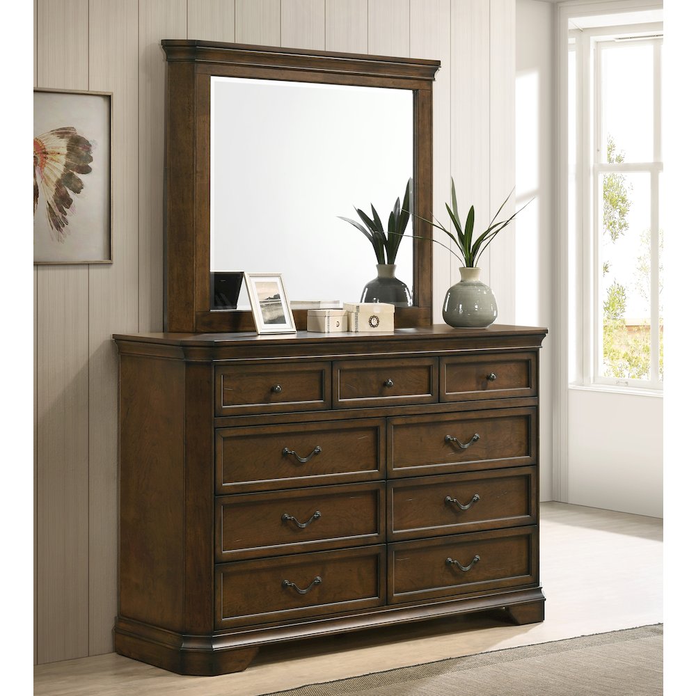 Maderne Traditional Wood 9-Drawer Dresser with Mirror, Antique Walnut Finish