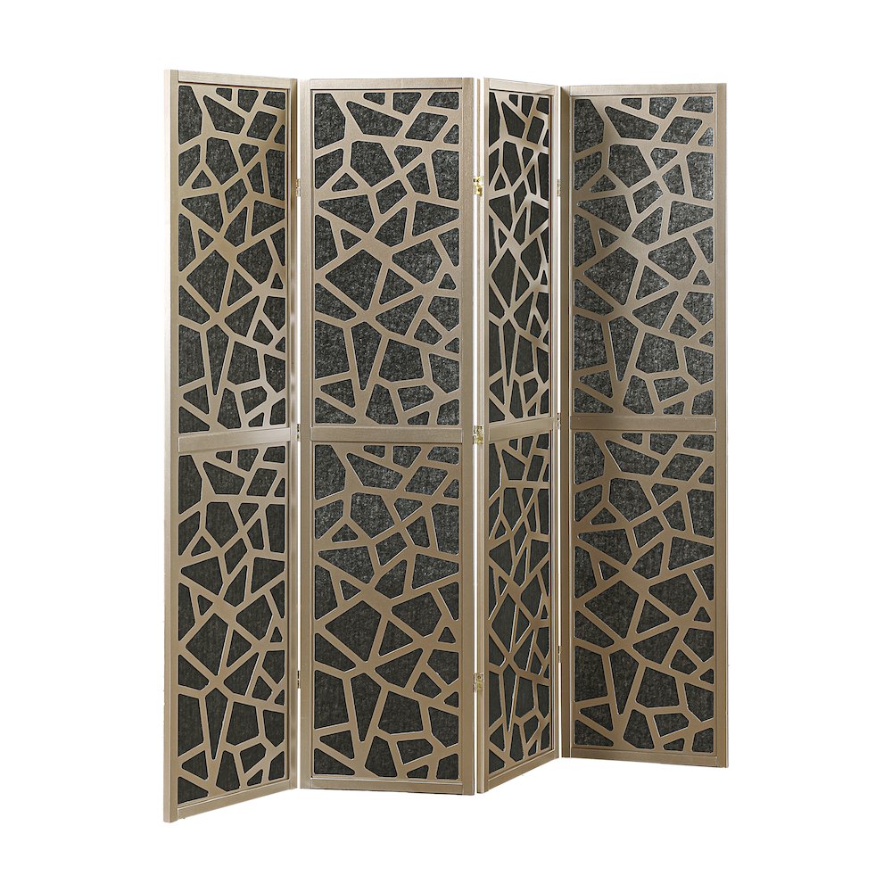 4-Panel Wood Room Divider, Folding Portable Partition Screen, Black and Gold