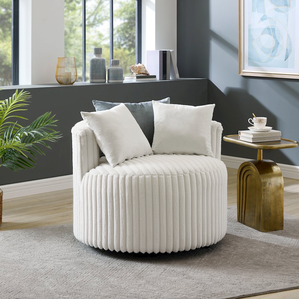 Malna Wide Wale Corduroy Upholstered Barrel Accent Chair with Wheels, Off-white