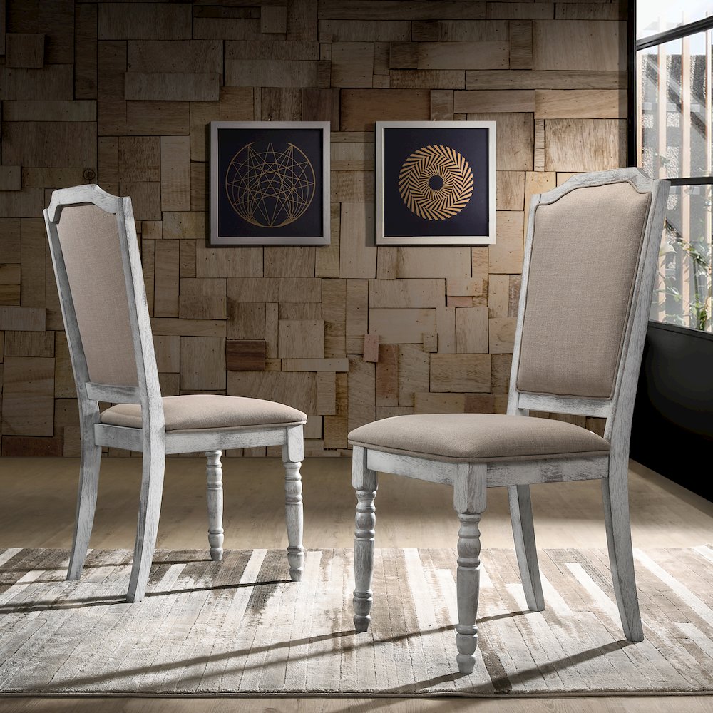 7-Piece Dining Set, Table with 6 Upholstered Chairs, Rustic White and Oak