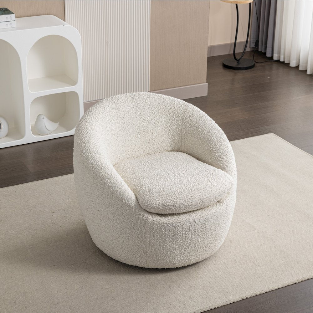 Winnie Modern Teddy Boucle Fabric Barrel Chair, 360 Degree Swivel, White