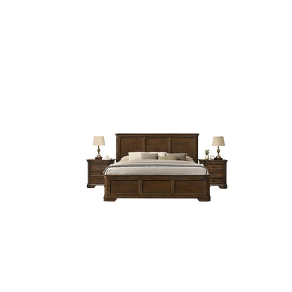 3-Piece Bedroom Set, King Panel Bed and 2 Nightstands, Antique Walnut Finish