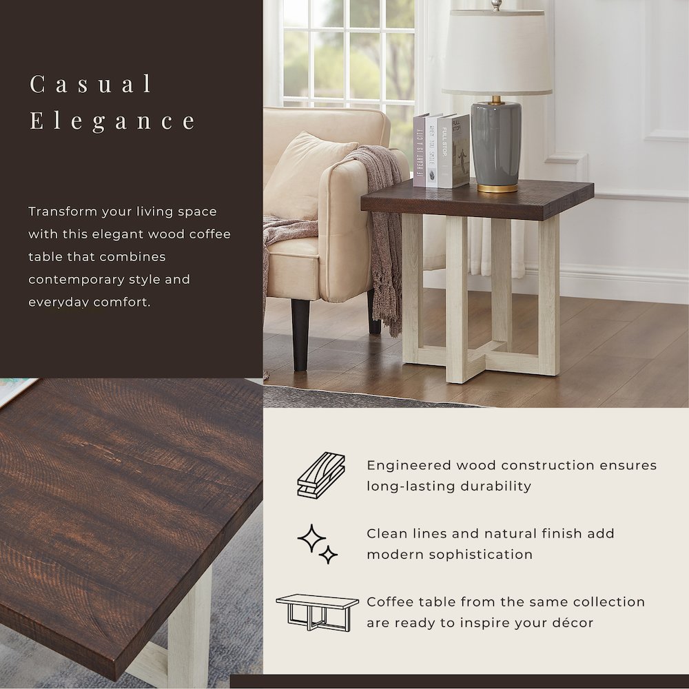 Luno Contemporary End Table, Walnut and White