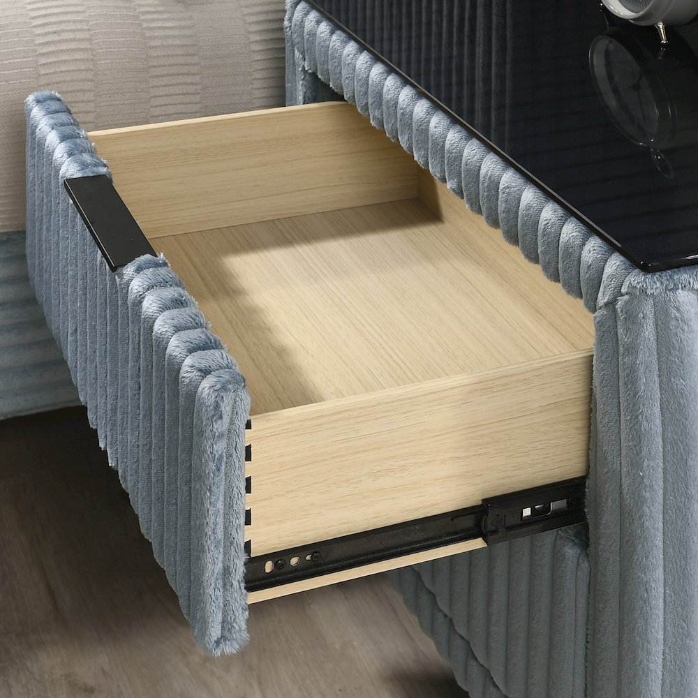 Mavela Wide Wale Corduroy Upholstery Panel King Bed with 2 Nightstands, Blue