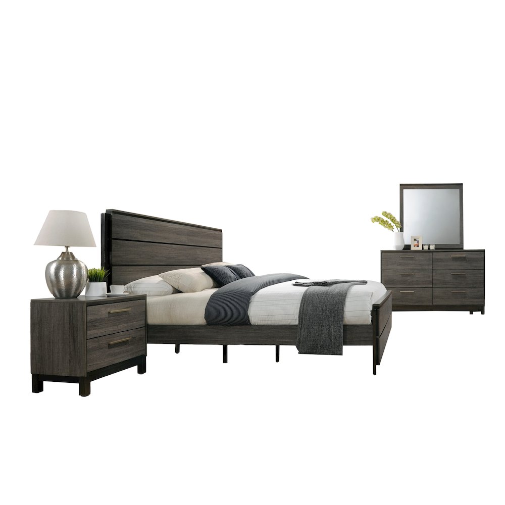 Antique Grey Finish Wood Bed Room Set, King Bed, Dresser, Mirror, Night Stand