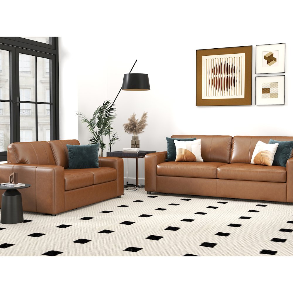 Sakan Leather 3-Pc Living Room Set, Sofa Loveseat and Chair, Caramel