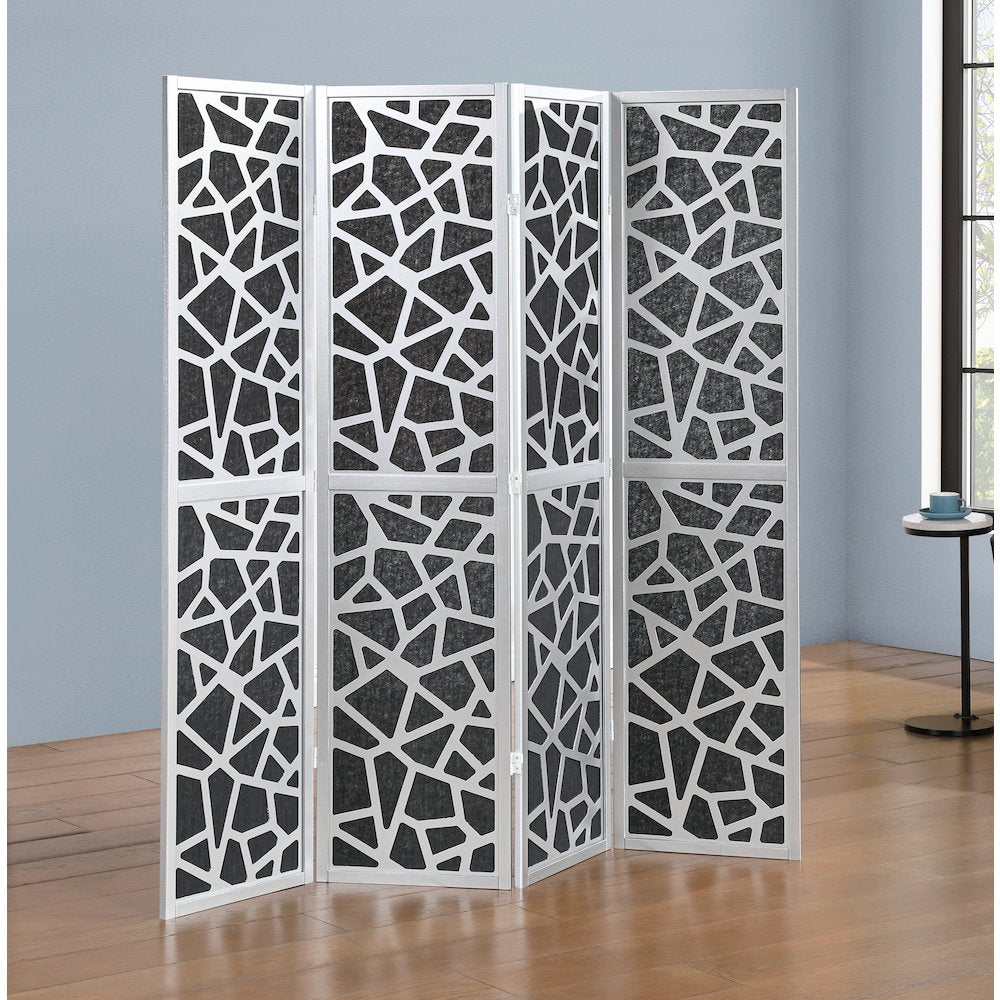 4-Panel Wood Room Divider, Folding Portable Partition Screen, Black and Silver