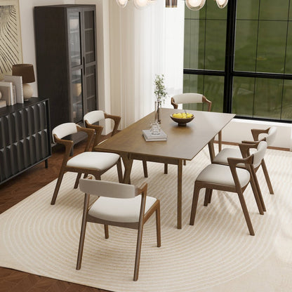 Modern 7-Piece Dining Set, Walnut Finished Dining Table with 6 Brown Chairs