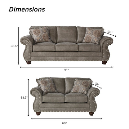 Leinster Faux Leather Upholstered Nailhead Sofa and Loveseat Set in Stone Gray