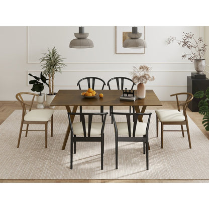 7-Piece Dining Set, Wood Dining Table with 2 Walnut and 4 Black Wishbone Chairs