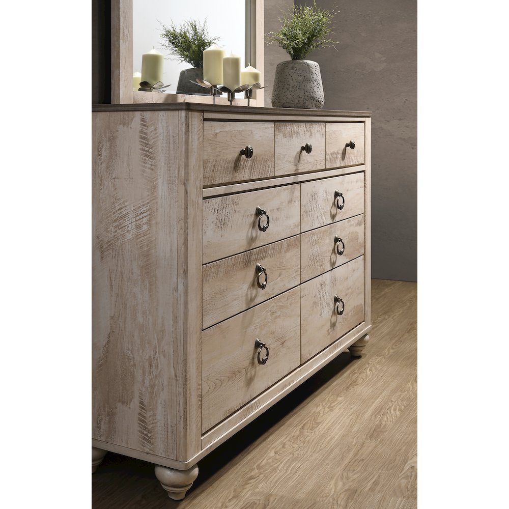 White Wash Finish 5-Piece Bedroom Set-King Bed, Dresser, Mirror, 2 Nightstands