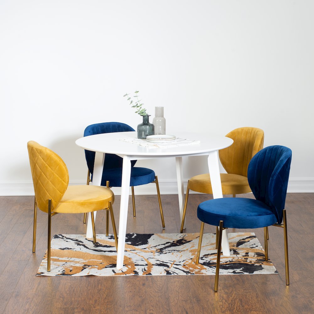 Amoa 5-Pc Dining Set, White Round Dining Table and 4 Chairs, Blue and Yellow
