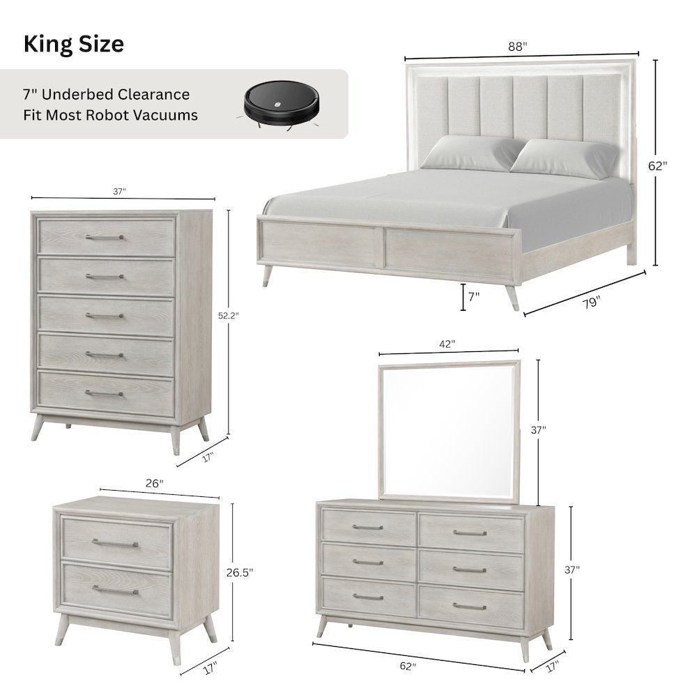 Seluna 5-Piece Bedroom Set with Touch LED Lighting, Gray Oak Finish, King