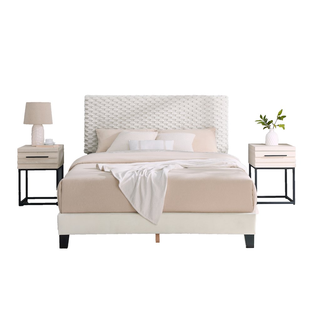 Findlay 3Pc Bedroom Set, Plush 3D Upholstered Bed with 2 Nightstands, Full