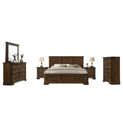 Wood Bed, Dresser, Mirror, 2 Nightstands, Chest, King, Antique Walnut Finish