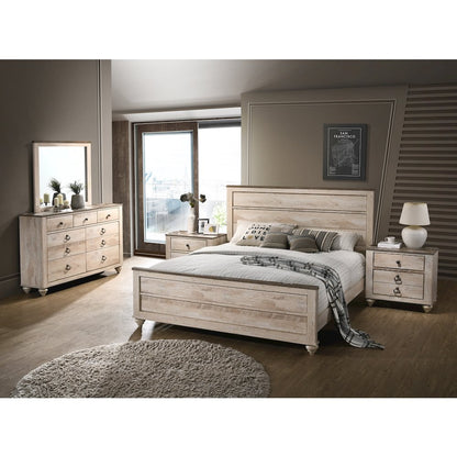 White Wash Finish 5-Piece Bedroom Set-Queen Bed, Dresser, Mirror, 2 Nightstands