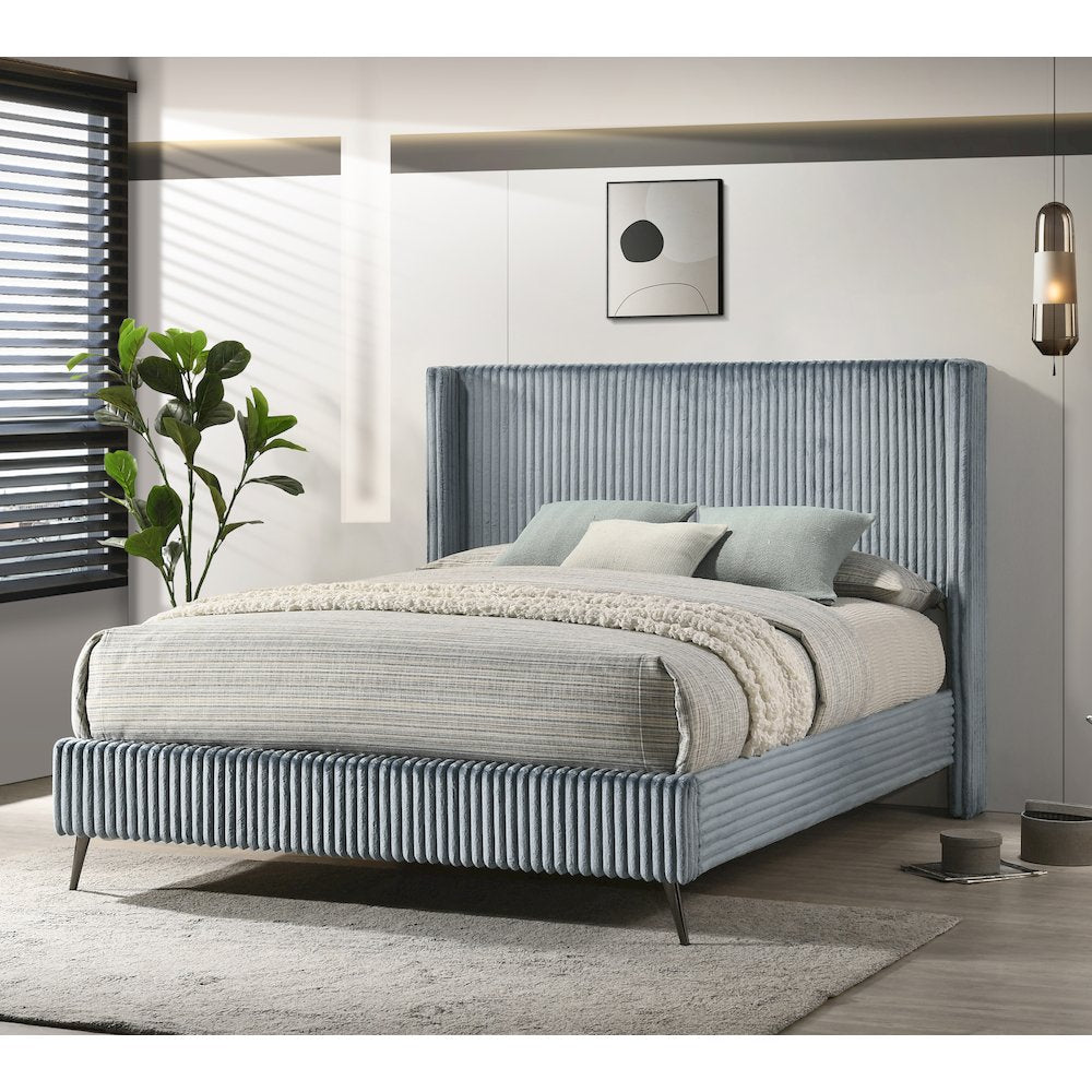 Mavela Wide Wale Corduroy Panel Queen Bed with 2 Nightstands and Bench, Blue
