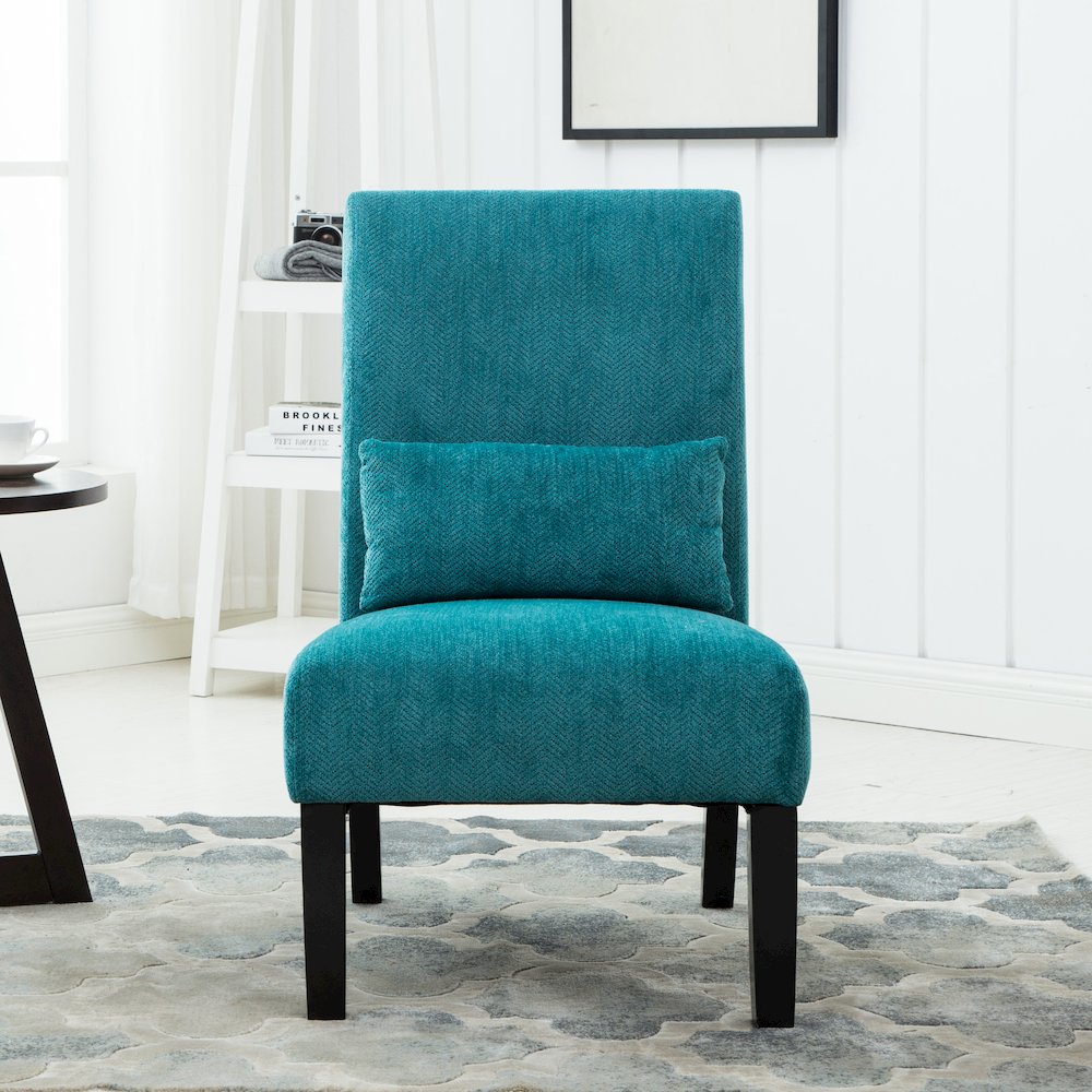 Pisano Teal Blue Fabric Armless Accent Chair with Matching Kidney Pillow