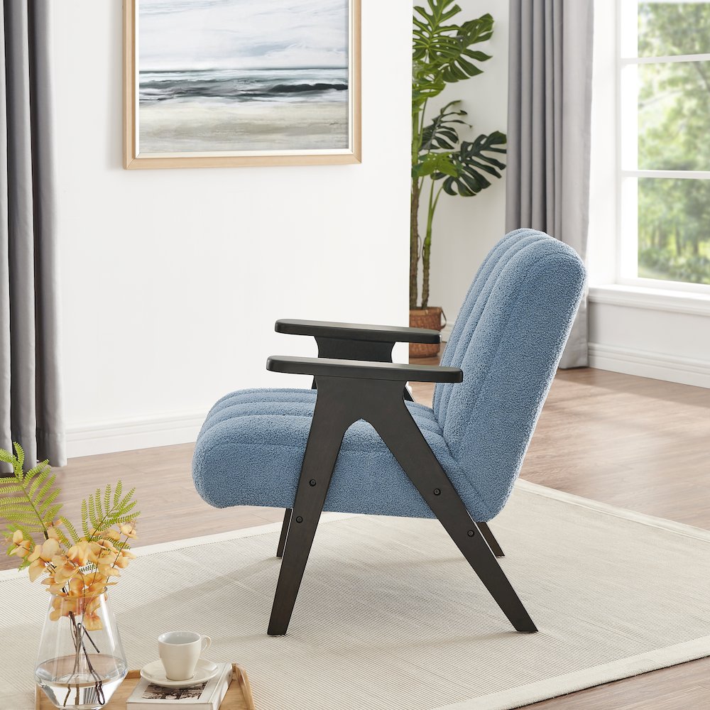 Rella Modern Teddy Sherpa Accent Chair with Espresso Wood Frame, Blue