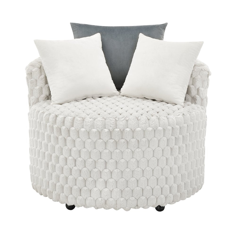 Malna Plush 3D Upholstered Barrel Accent Chair with Wheels, Off-white