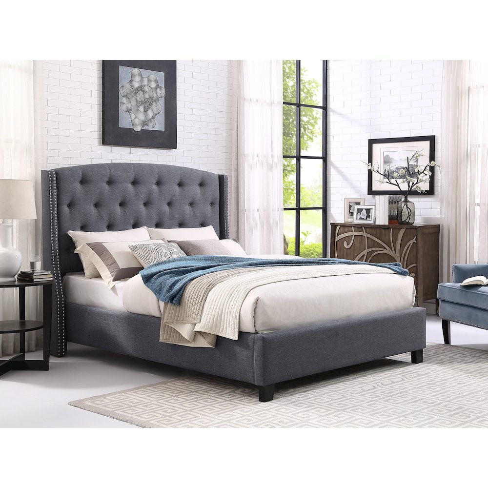 Nantarre Fabric Button Tufted Wingback Queen Bed with Nail Head Trim, Gray