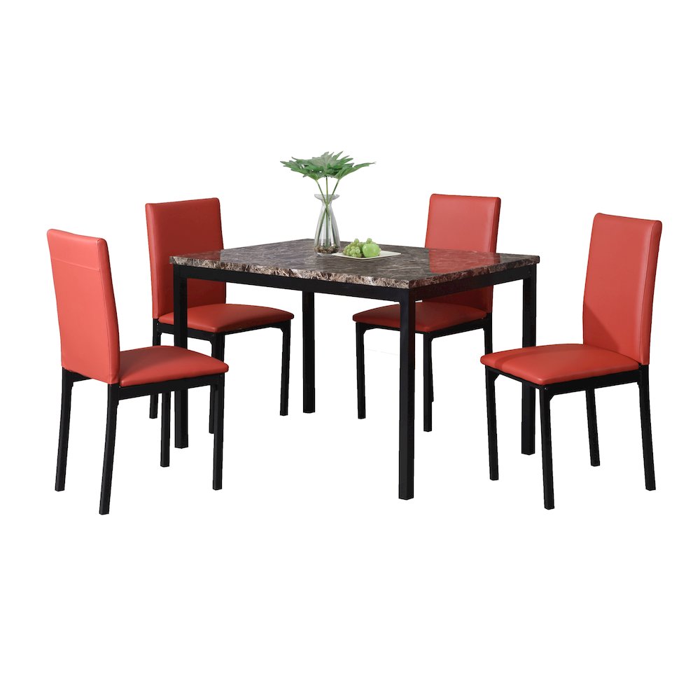 Citico 5-Pc Dinette Set with Laminated Faux Marble Top and 4 Red Chairs