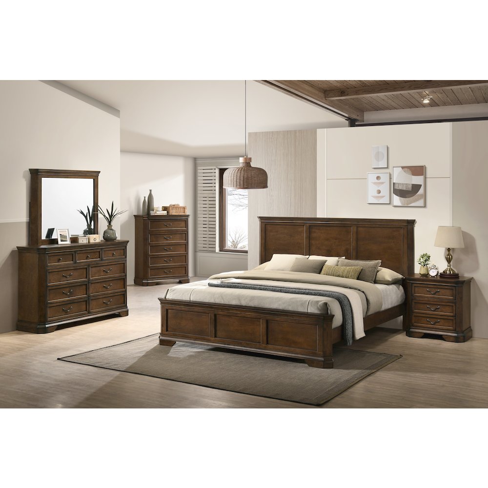 Wood Bed, Dresser, Mirror, 2 Nightstands, Chest, King, Antique Walnut Finish
