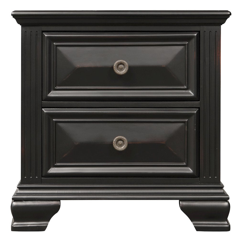 Vintage Black Wood Bedroom Set, Queen Panel Bed, Dresser, Mirror, Nightstand