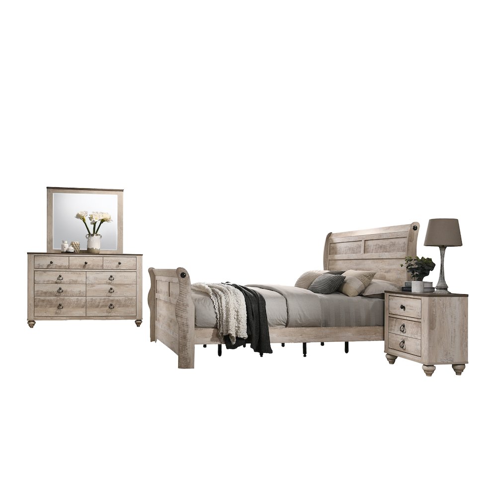 White Wash Finish Bedroom Set with King Sleigh Bed, Dresser, Mirror, Nightstand