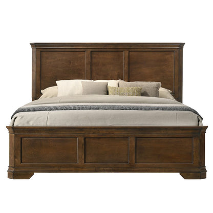 Wood Panel Bed, Dresser, Mirror, Nightstand, Queen, Antique Walnut Finish