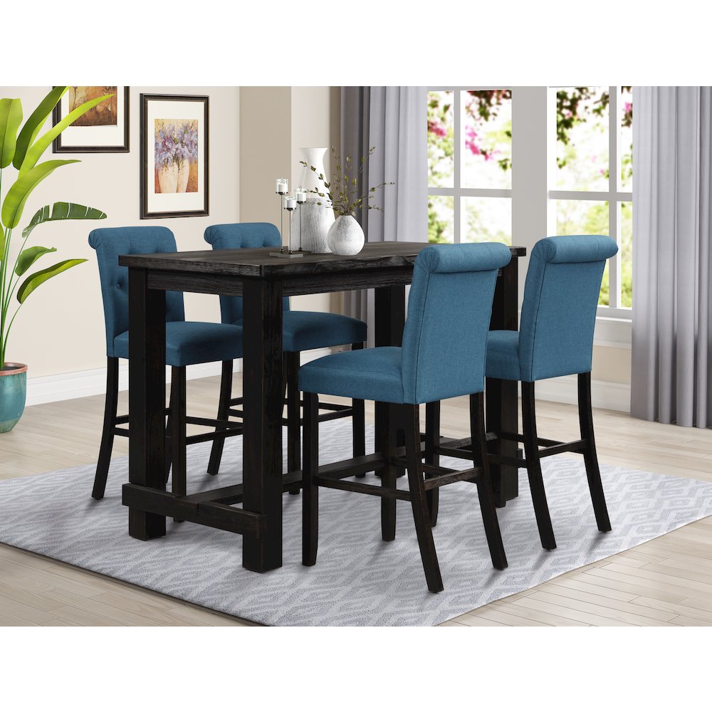 Leviton Antique Black Finished Wood 5-Pc Pub Set, Table with 4 Barstools, Blue