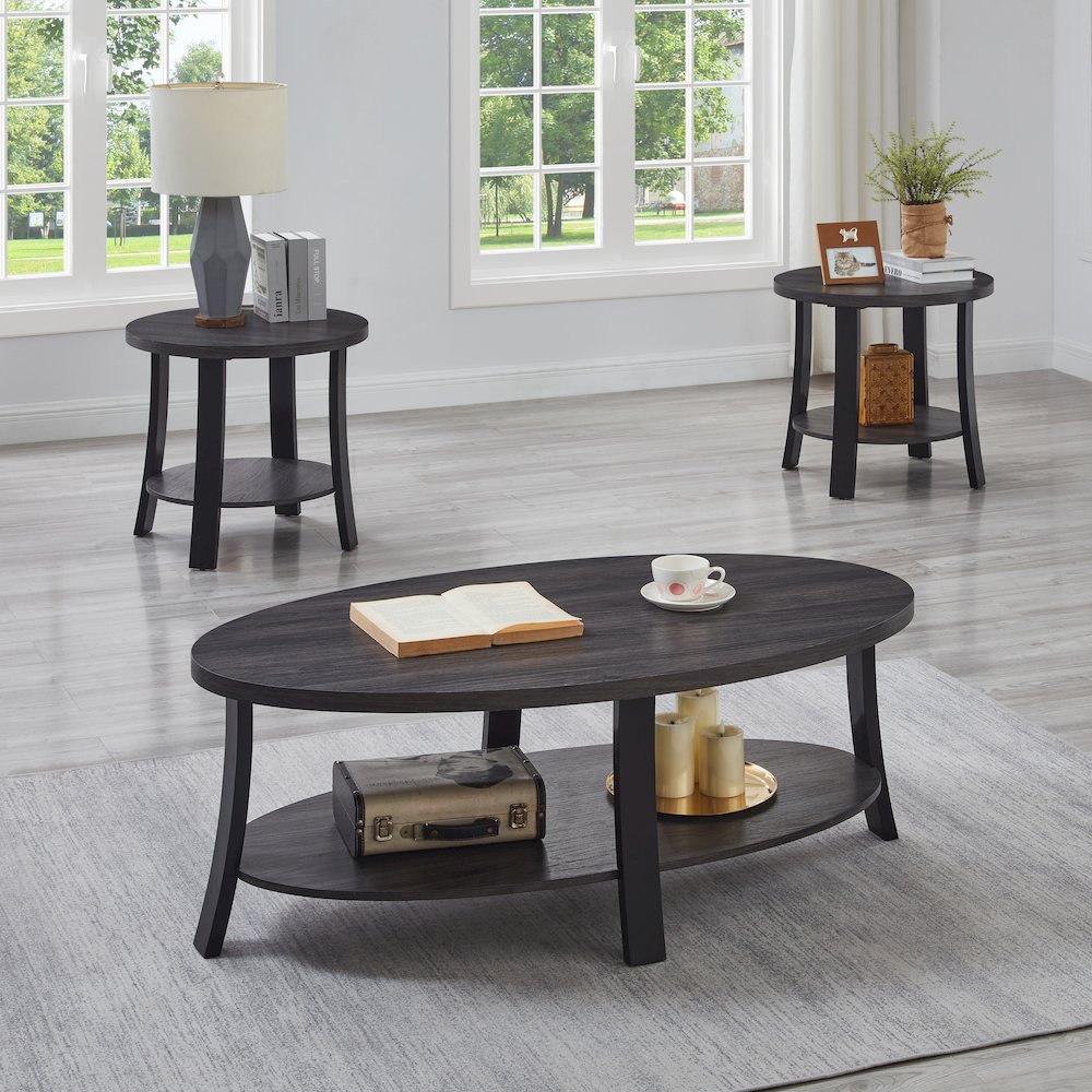 Anze Contemporary Oval Wood Shelf 3-Pc Coffee Table Set in Charcoal Finish