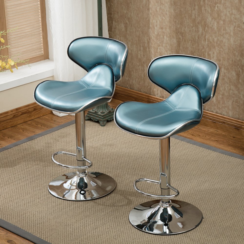 Masaccio Blue Leatherette Adjustable Swivel Barstool Chrome Base, Set of 2
