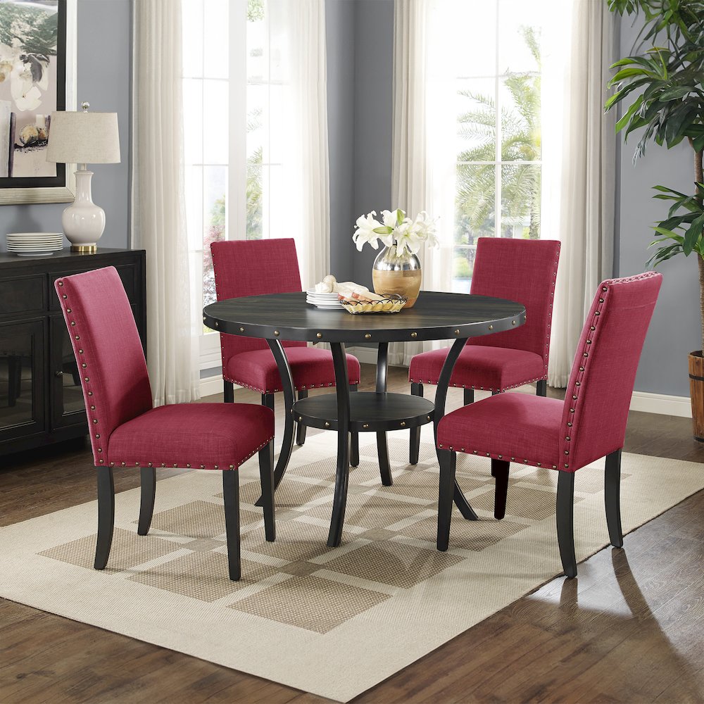 Biony Espresso Wood Dining Set with 4 Fabric Nailhead Chairs, Red