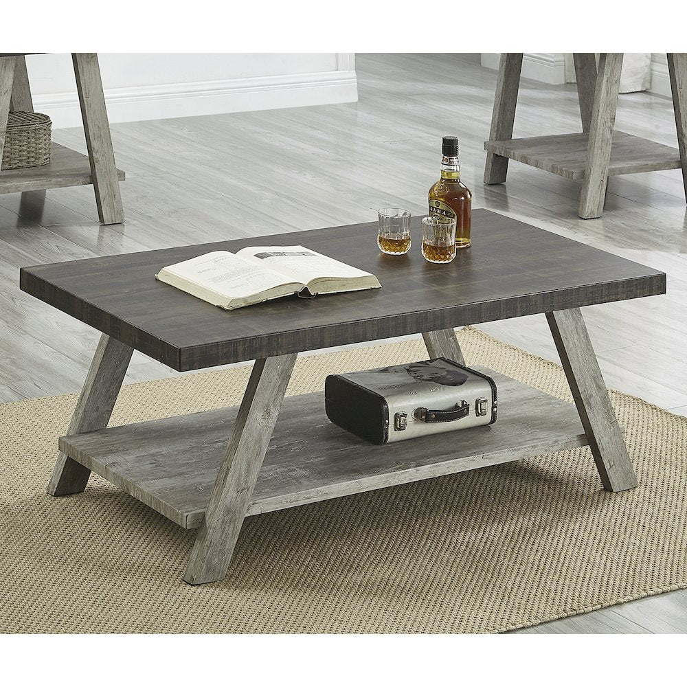 Athens Contemporary Two-Tone Wood Shelf Coffee Table in Weathered Walnut/Gray