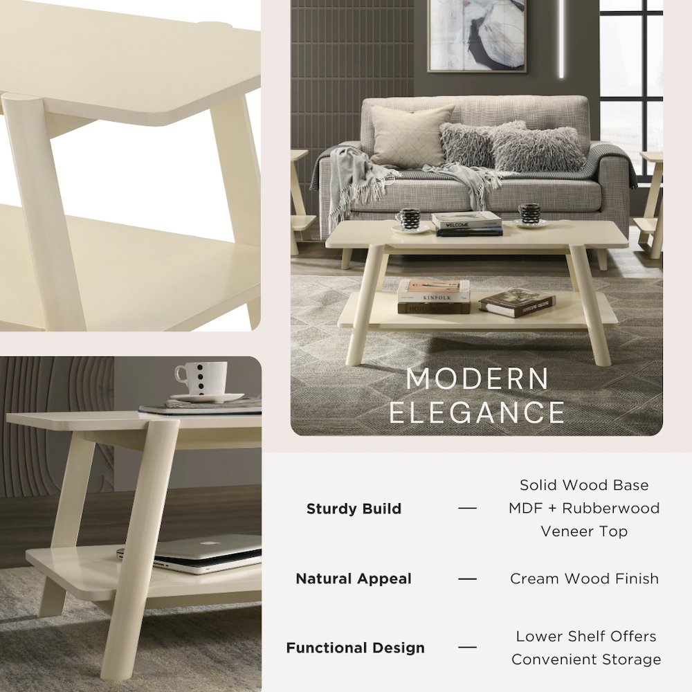 Metz Mid-Century Modern Wood Shelf Coffee Table, Off-White Finish