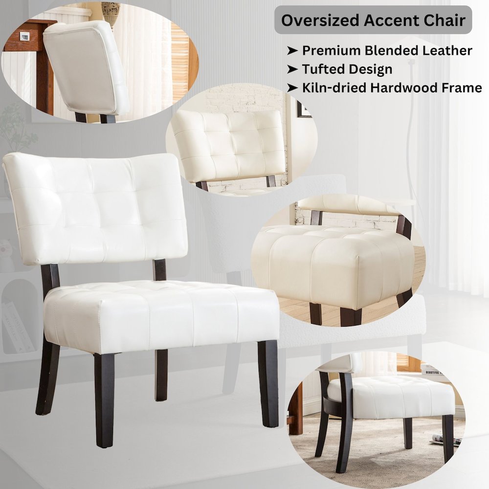 Movile Blended Leather Tufted Accent Chair with Oversized Seating, Ivory