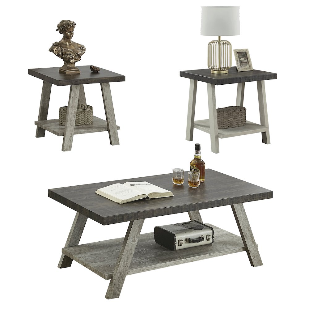 Athens Contemporary 3Pc Wood Shelf Coffee Table Set in Weathered Walnut and Gray