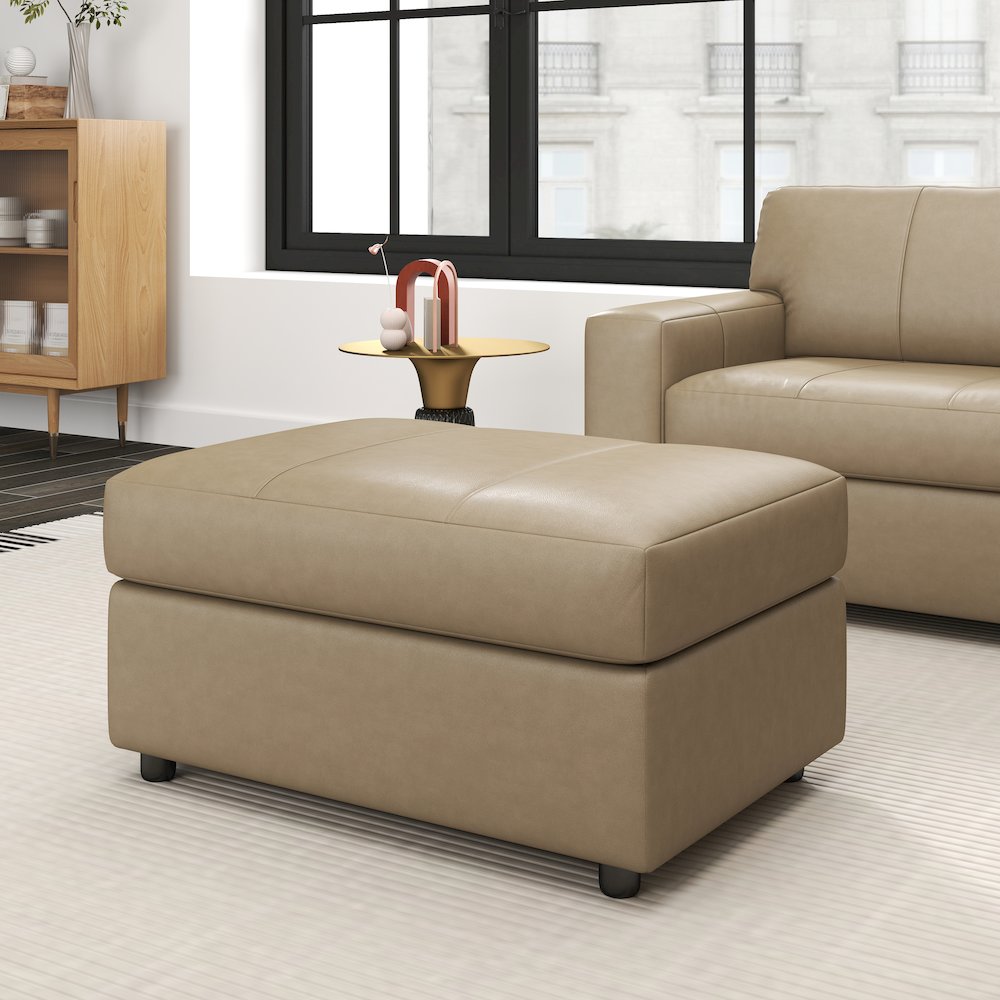 Sakan Leather Upholstered Ottoman, Beige