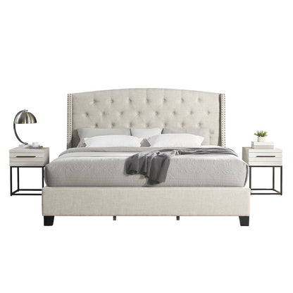 3-Piece Upholstered Bedroom Set, Tufted Wingback Bed, 2White Nightstands, King