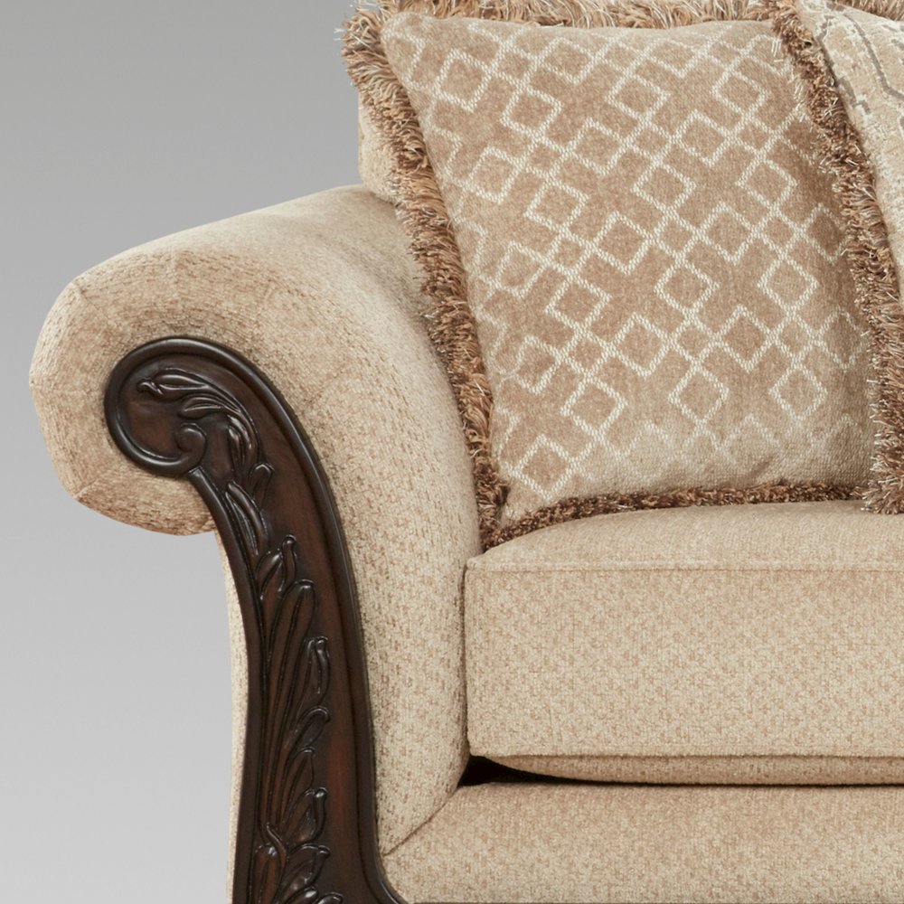 Hernen Carved Wood Frame Loveseat, Emma Wheat