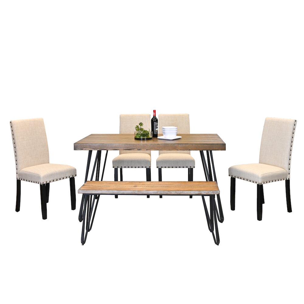 Amisos 6-Pc Dining Set, Hairpin Dining Table with 4 Chairs and Wood Bench, Tan